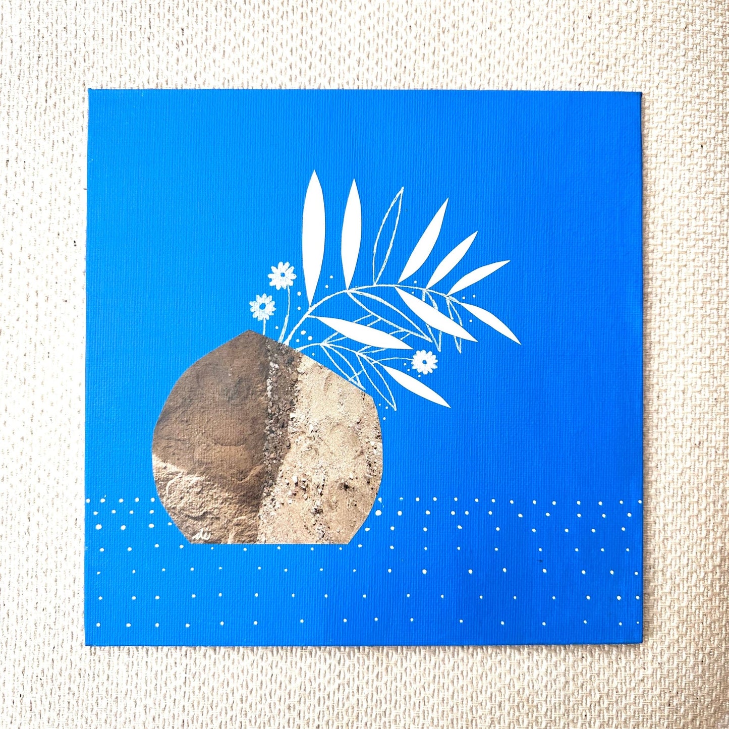 Bohemian Planter Mix Media Collage - Blue with White Leaves - Dipti Irla